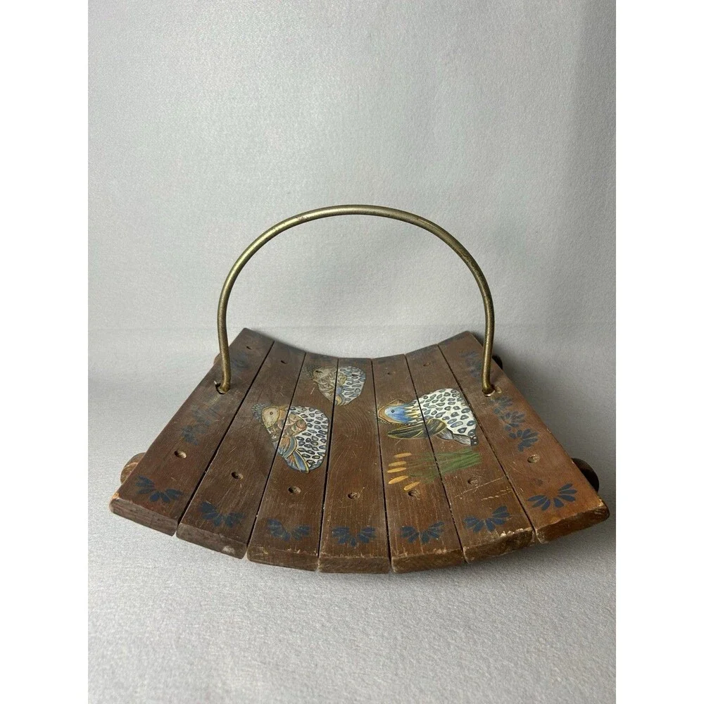 VTG Handmade Hand Painted Mallard Duck Magazine Fireplace Basket Metal Handle